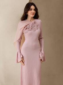 Graceveil Elegant Women's Long Sleeve Knit Dress With Oblique Neckline, Applique, Mesh Ribbons, Textured Fabric, Fitted Silhouette, Pink Color - Pink - View 6