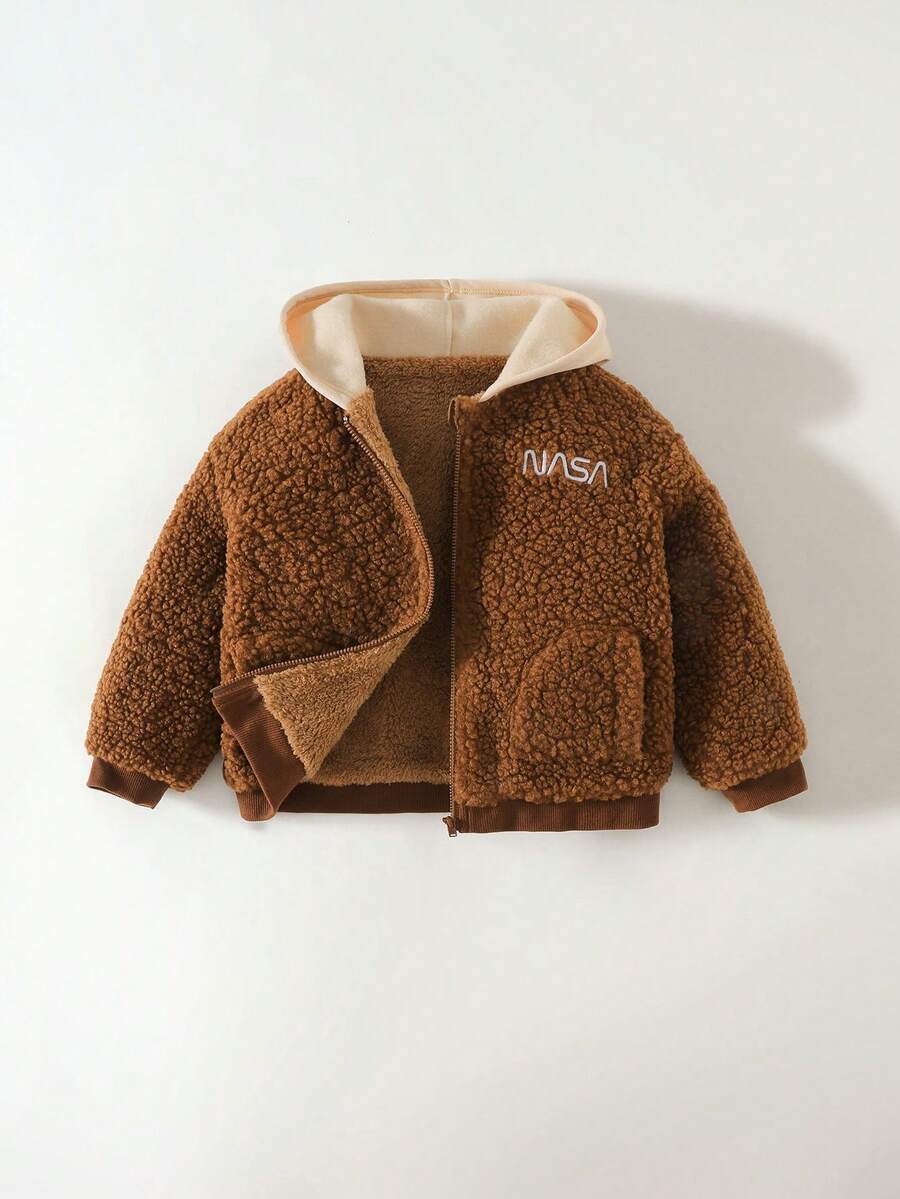 Maija Kids 男童棕色拼接连帽夹克，带保暖内衬、刺绣图案和口袋，宽松版型 - 咖啡棕 - 查看 1