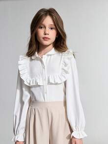 Ontre Tween Girl Woven White Ruffle Trim Long Sleeve Shirt And Pants Casual Outfit - Apricot - View 5