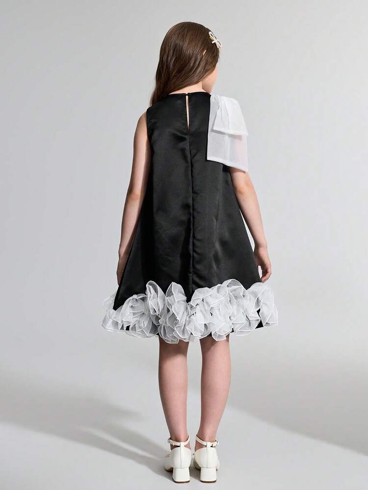 Tween Girl Sleeveless Casual Cute Dress With Colorblock And Rhinestone Decor