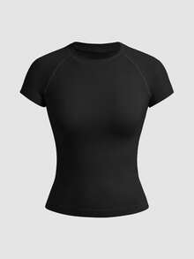 Velisys Velisys Kaos Olahraga Wanita Minimalis Warna Polos Bernapas Nyaman Kerah Bulat Lengan Raglan Tanpa Jahitan, Musim Panas - MultiWarna - View 4