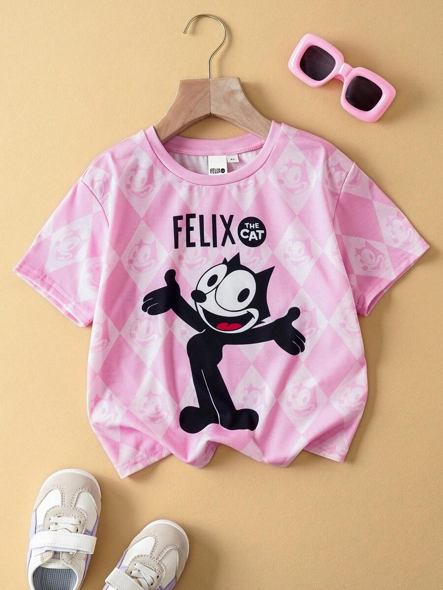 Felix The Cat X SHEIN Young Girl Casual Daily Commute School Style Funny Cartoon Letter & Diamond Plaid Print Short Sleeve T-Shirt, Summer - Pink - View 1