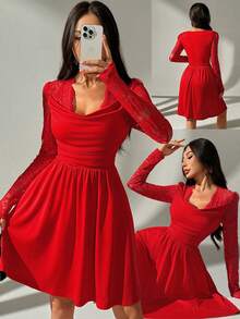 SHEIN Unity Women's Lace Trim Draped Neck Long Sleeve Dress, Suitable For Christmas, Valentine's Day, Party And Holiday Occasions, Spring/Autumn/Winter - Red - View 1
