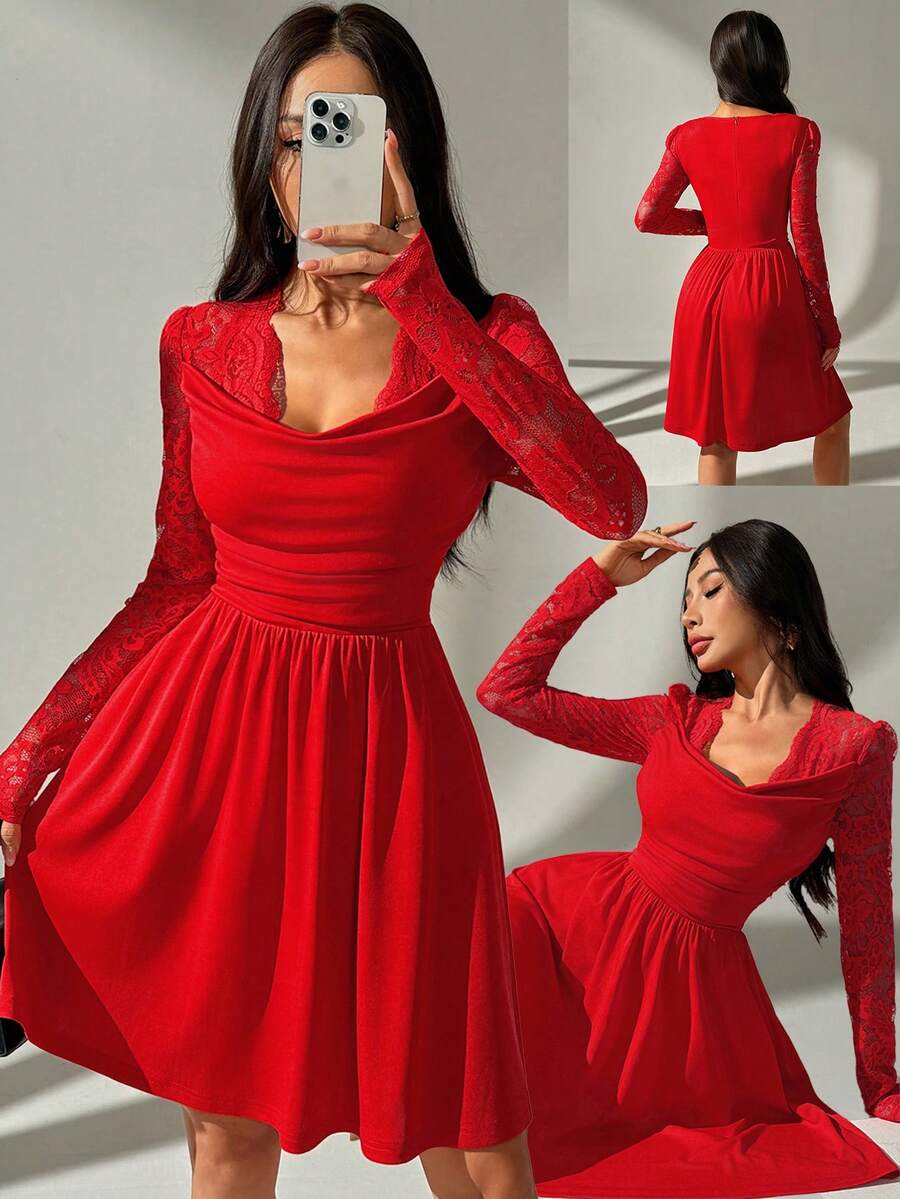 SHEIN Unity Women's Lace Trim Draped Neck Long Sleeve Dress, Suitable For Christmas, Valentine's Day, Party And Holiday Occasions, Spring/Autumn/Winter - Red - View 1