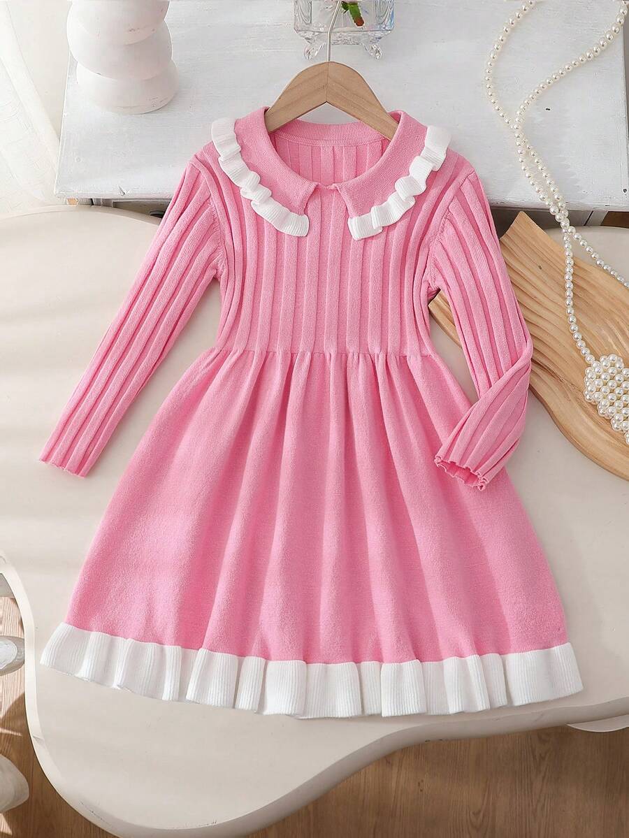 Young Girl Colorblock Peter Pan Collar Long Sleeve Cute Knitted Dress, Autumn/Winter - Pink - View 1