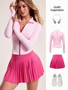 CourtClass Women's Stand Collar Zip-Up Long Sleeve Top And Pleated Pocket Skirt Pants Casual Sports Tennis Suit Set