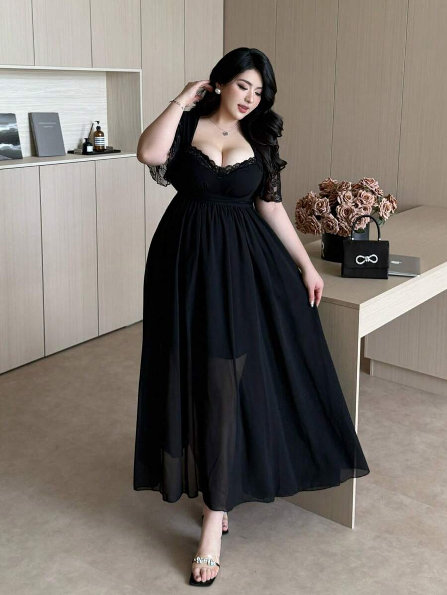 Vibekara 春夏秋三季优雅度假风法式雪纺蕾丝拼接荷叶边袖子修身A字裙 - 黑色 - 查看 1