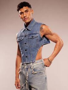 FeverCity 男士时尚性感不对称下摆无袖牛仔上衣，夏季 - 中等水洗藍 - 查看 3