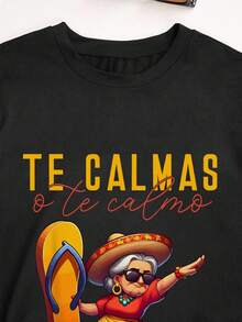 INAWLY EZwear 复古妈妈衬衫，趣味字母印花圆领短袖休闲宽松大码T恤，适合妈妈们穿着，图案T恤，女士上衣 - 黑色 - 查看 3