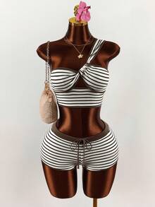 Amplova 2pcs/Set Striped Vacation Beach Crop Top And Shorts - Multicolor - View 4