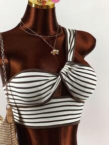 Amplova 2pcs/Set Striped Vacation Beach Crop Top And Shorts - Multicolor - View 5