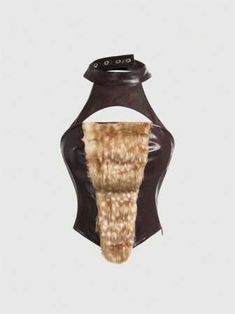 Hippie Blusa vintage in pelle sintetica (PU) con stampa animalier e patchwork, per donna