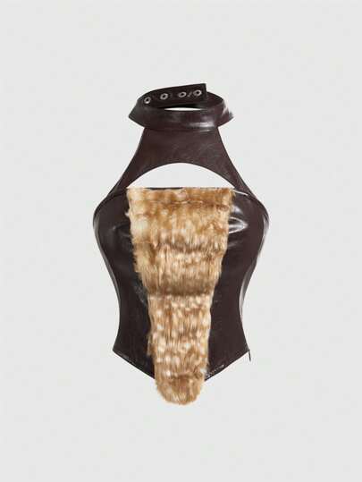 Hippie Blusa vintage in pelle sintetica (PU) con stampa animalier e patchwork, per donna