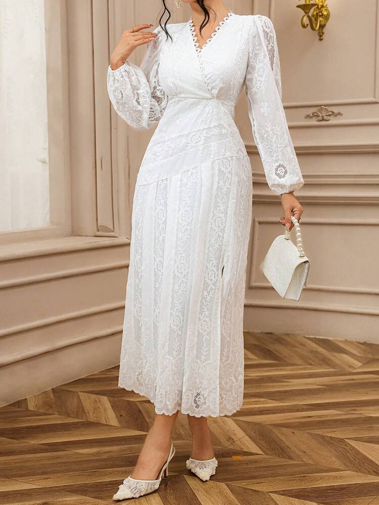 Elegant Embroidered Jacquard V-Neck Long Sleeve Dress, Suitable For Formal Occasions In Spring And Autumn Dress Sundress