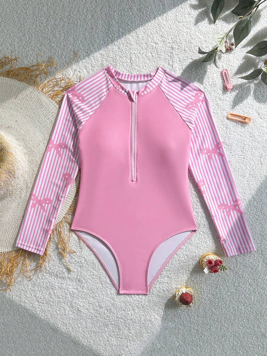 SHEIN Áo tắm liền thân tay raglan kẻ sọc chắp vá dành cho bé gái tuổi teen - Hồng - Xem 1