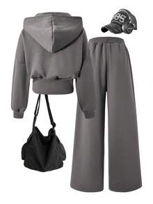 SHEIN Sparklyn 2件套女童白色碎花灰色腰部抓绒卫衣和宽松运动裤休闲运动套装，秋冬季 - 深灰色 - 查看 7