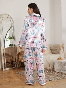 Serenescape 仿丝绸印花翻领开衫和裤子女士睡衣套装 - 彩色 - 查看 2