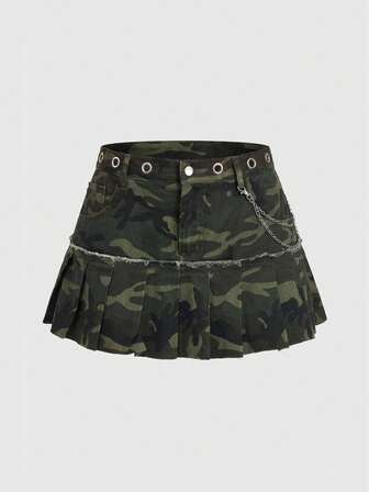 Street Life Plus Size Punk Sexy Camouflage Fabric Star Chain Pleated Denim Mini Skirt For Women