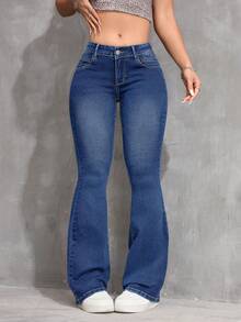 Flirla Plus Size Women Retro Casual Elastic Fitted Flare Jeans, Versatile Cowgirl Rodeo Everyday Navy Blue Winter - Medium Wash - View 1