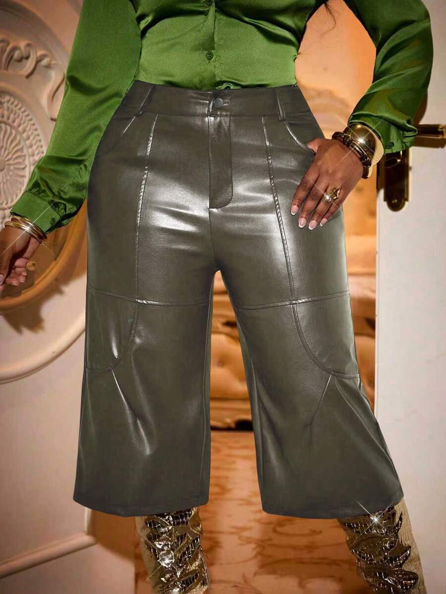 Xyvia Pantalon Capri élégant et vintage de haute qualité avec design patchwork, couleur marron rétro, convient pour toutes les saisons - Militaire verte - Voir 1