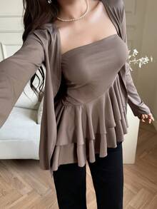 Feyla Conjunto de 2 piezas de mujer con chaqueta de unicolor elegante con dobladillo con volantes y top tubo, para otoño - Marrón - Ver 3