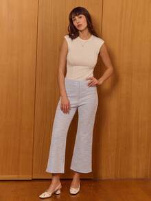 lacRébo 浅蓝色纹理弹力高腰修身长裤，春夏办公商务休闲经典法式巴黎风 - 藍色 - 查看 3