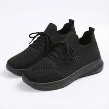 Mujer Zapatillas Deportivas De Tejido De Punto Transpirable Con Cordones Suela Gruesa Negra - Negro - Ver 1