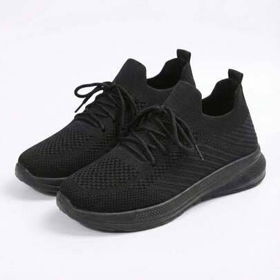 Mujer Zapatillas Deportivas De Tejido De Punto Transpirable Con Cordones Suela Gruesa Negra