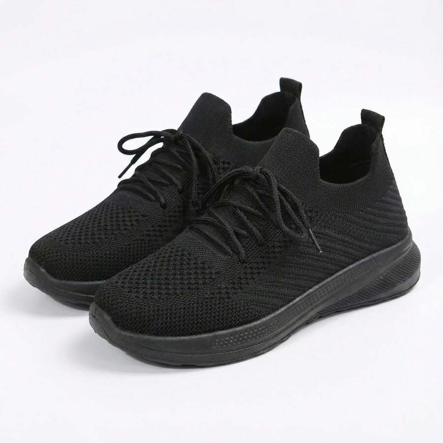 Mujer Zapatillas Deportivas De Tejido De Punto Transpirable Con Cordones Suela Gruesa Negra - Negro - Ver 1
