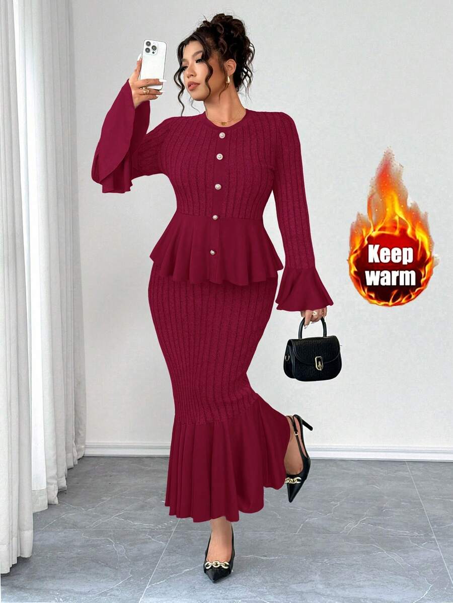 Elenzga Bộ đồ đôi 2 mảnh dành cho nữ cỡ lớn, chất liệu vải dệt kim co giãn cao, họa tiết sọc rộng, có họa tiết nổi bật, kiểu dáng đuôi cá, thắt eo, tay xòe, thanh lịch và tinh tế, thích hợp cho các buổi đi chơi, tiệc trà chiều, đi làm, mùa thu/đông. - Đỏ - Xem 1