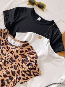 3件套少女圆领短袖修身不对称下摆T恤，黑色、白色、豹纹印花，夏季休闲上衣