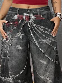 ROMWE EDITION Plus Size Women Loose Fit Chain Print Pocket Wide Leg Casual Jeans - Black - View 6