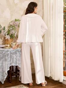 Côtesoire Elegant& Women's Cardigan Pajama Set,All White French Style Ruffle Lace Pj Set,Silk Lounge Wear Sets,Bridal Pajama Set For Lounge,Autumn,Elegant - White - View 2