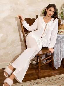 Côtesoire Elegant& Women's Cardigan Pajama Set,All White French Style Ruffle Lace Pj Set,Silk Lounge Wear Sets,Bridal Pajama Set For Lounge,Autumn,Elegant - White - View 6