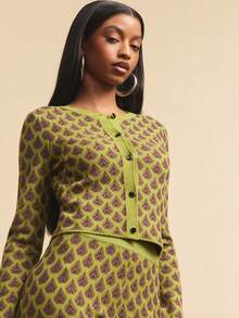 NYA SZN 长袖修身短款上衣，纽扣设计，日常休闲格纹印花图案，适合日常休闲、音乐会、生日约会、商务休闲、办公室、秋冬季通勤穿着，针织弹力面料，女款 - 綠色 - 查看 6