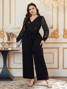 SHEIN Clasi 大码优雅派对银箔网纱拼接连体裤 - 黑色 - 查看 9