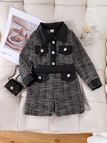 SHEIN Elladie kids 少女粗花呢外套與短褲套裝，黑白長袖西裝外套配假口袋，秋季家庭穿搭可愛女孩兩件式套裝 - 卡其色 - 查看 3