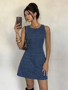 Siren Gaze 女士圆领无袖休闲时尚通勤牛仔连衣裙 - 深色水洗藍 - 查看 7