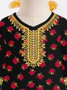 SHEIN Đầm dài tay cổ chữ V viền ren in họa tiết retro thanh lịch, kiểu Jalabiya, Abaya, Kaftan truyền thống Ả Rập dành cho bé gái. - trắng - Xem 5