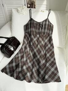 Comfortcana 大码女式休闲复古蓝棕色格子吊带连衣裙 - 棕色 - 查看 6