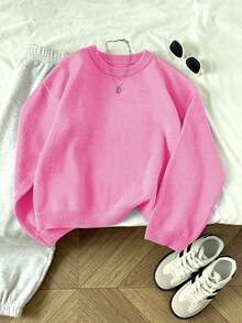 SHEIN Unity Women's Solid Crew Neck Long Sleeve Minimalist Casual Pullover Sweater,Long Sleeve Tops Knit Pullover Fall Winter Outfit - Pink - View 4