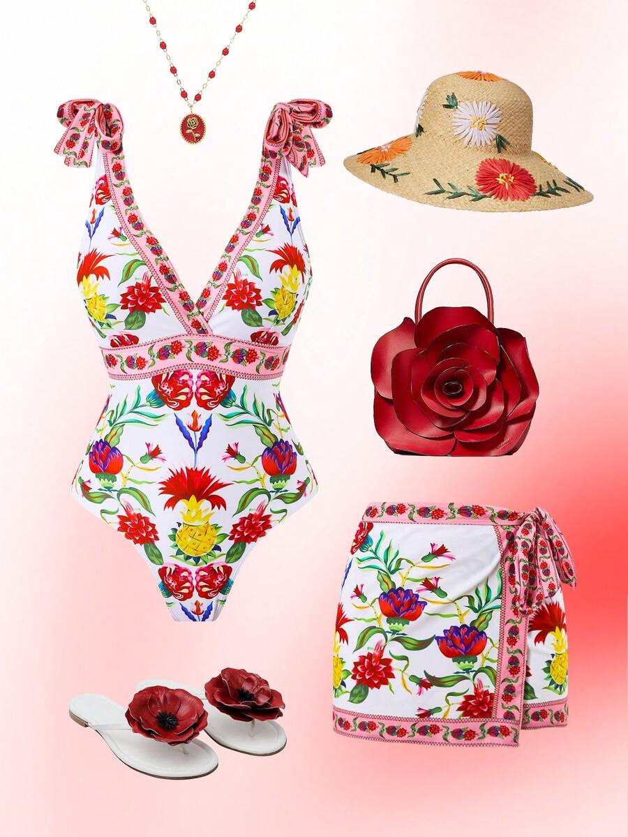 Swim Oasis 女士沙滩装 - 波西米亚风印花，深V领花卉饰边，时尚休闲性感度假连体泳衣带裙 - 彩色 - 查看 1