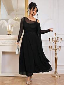 Modelyn 大码纯色网纱透视收腰长裙 - 黑色 - 查看 3