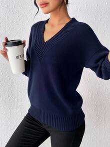 "Suéter de Tejido de Ribs con Cuello en V y Corte Amplio - Detalles de Bordes Ajustados, Abrasador y Versátil para Ocasiones Cotidianas" - azul real - Ver 1