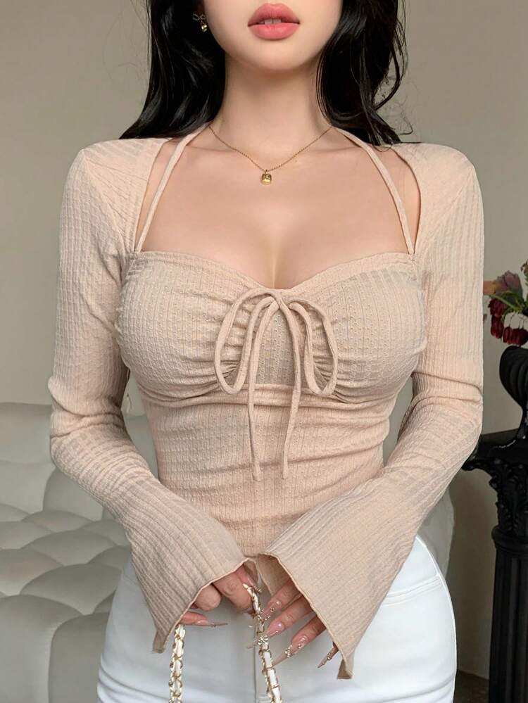 Women's Solid Color Sweetheart Neck Long Sleeve Front Tie Fitted Fashionable Long Sleeve T-Shirt