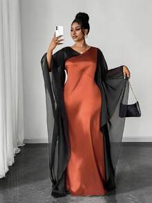 Maweii 大码女式V领网纱拼接优雅荷叶袖收腰派对连衣裙 - 彩色 - 查看 6