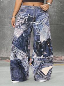 ROMWE EDITION Quần jeans ống rộng in họa tiết denim thời trang cỡ lớn - Màu xanh lam - Xem 9