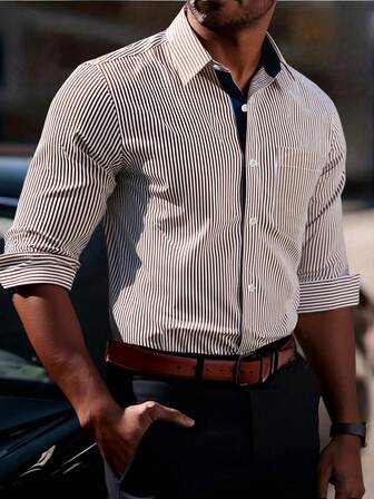 Manfinity Mode Men's Casual Striped Print Patchwork Pocket Long Sleeve Shirt, Suitable For Daily Wear And Commuting, Spring/Autumn