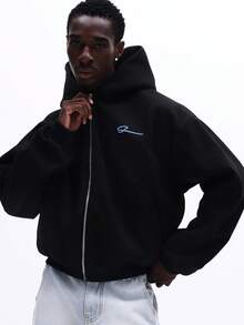 SUMWON Regular Mens Full Zip Hoodie With Embroidered Script Logo Casual Sweatshirt Long Sleeve Hooded Jacket Winter Fall Outerwear - Black - View 4