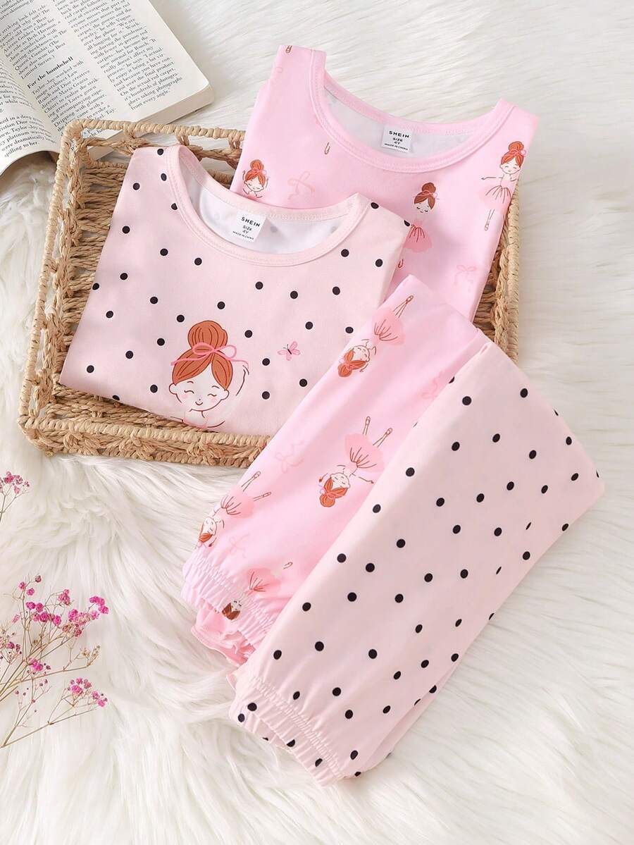 女童睡衣套装 - 两件套睡衣，粉色芭蕾舞印花，圆领长袖上衣+长裤，两件套睡衣，轻薄透气，四季皆宜，适合度假穿着，2026年必备睡前派对休闲礼物，可爱舒适经典款 - 淺粉色 - 查看 1